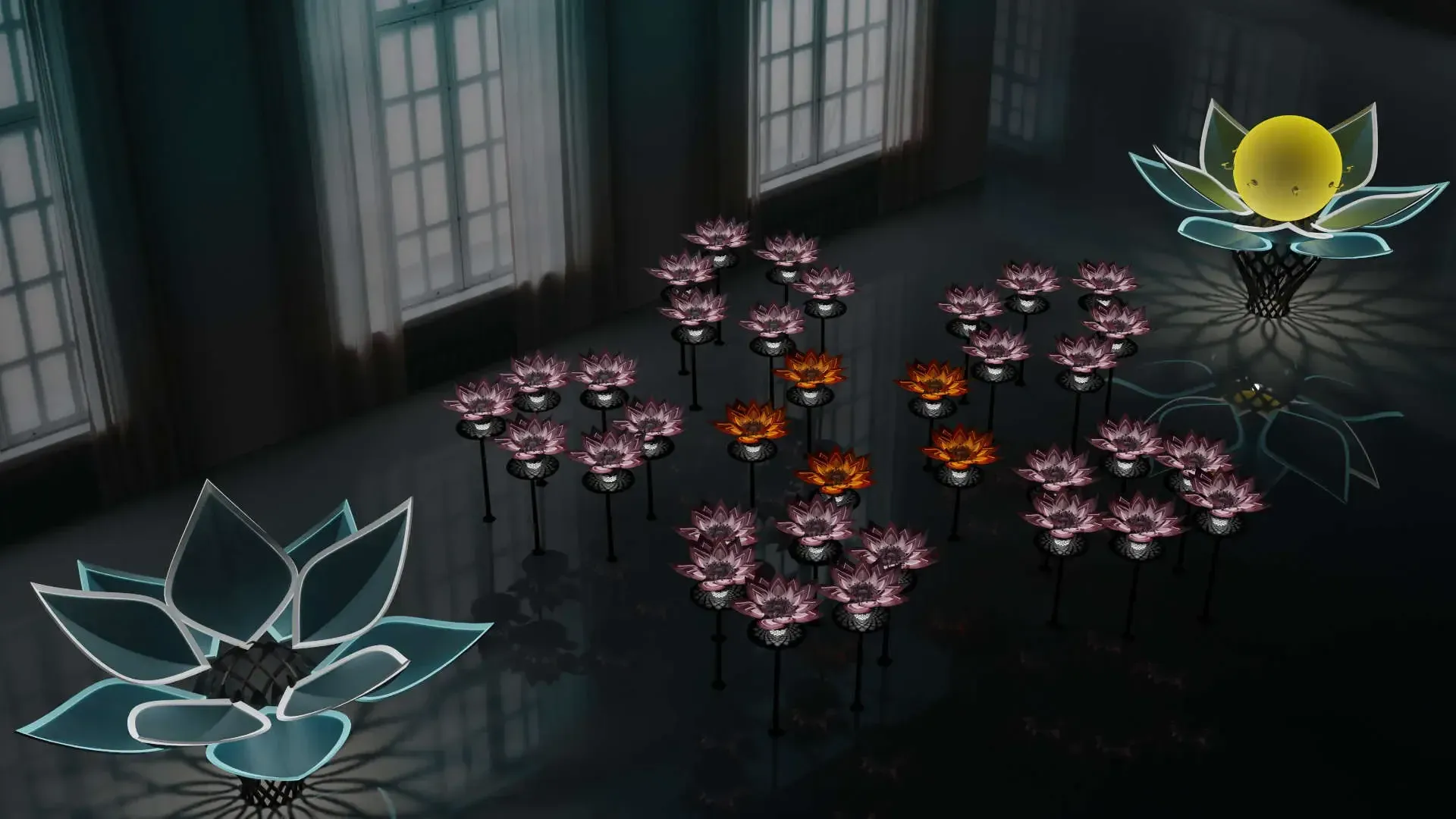 Rendering of rows of illuminated AI Blossom flowers in an exhibition hall