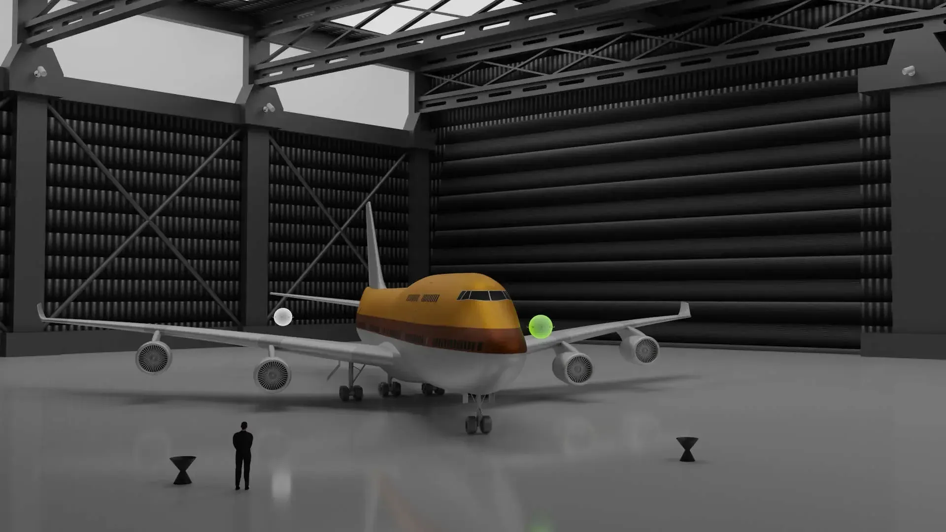 Rendering of an inspection orb flying around an aircraft in a hangar