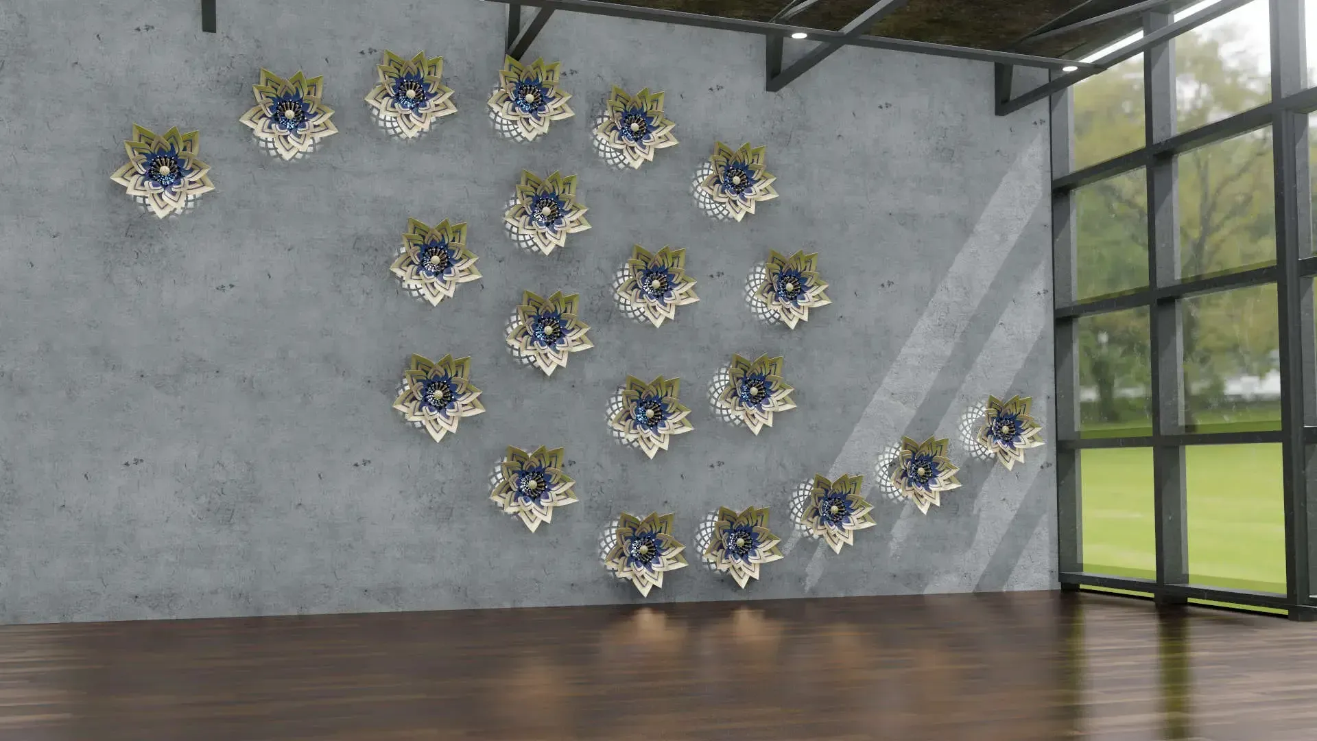 Rendering of kinetic AI Blossom flowers mounted on a concrete wall