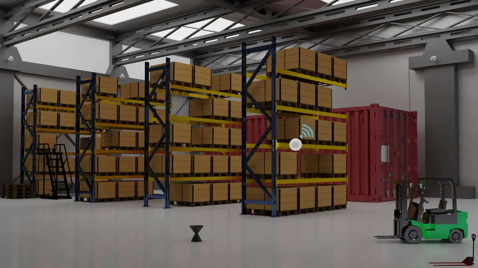 Rendering of an inspection orb flying between shelves in a warehouse