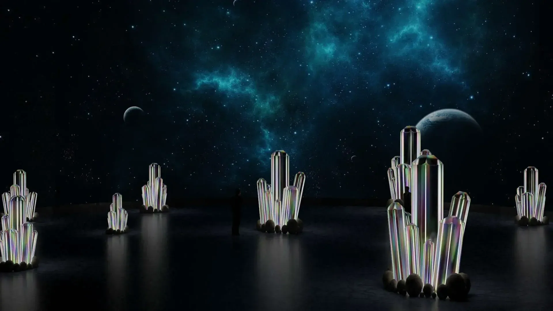 Rendering of glowing crystal sculptures under a starry sky