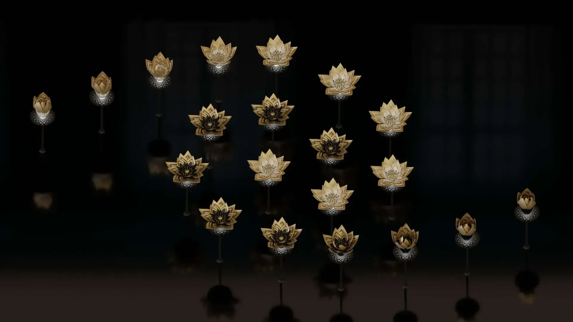 Rendering of golden AI Blossom flowers arranged in a formation on a dark background
