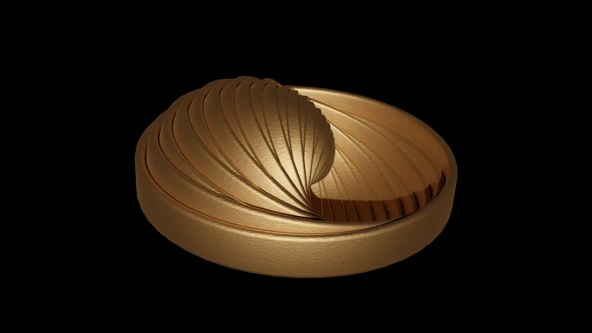 Rendering of a bronze spiral kinetic sculpture on a black background