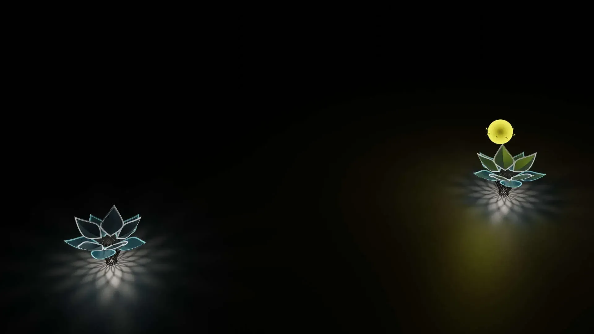 Rendering of a glowing sphere rising from a kinetic flower in a dark room