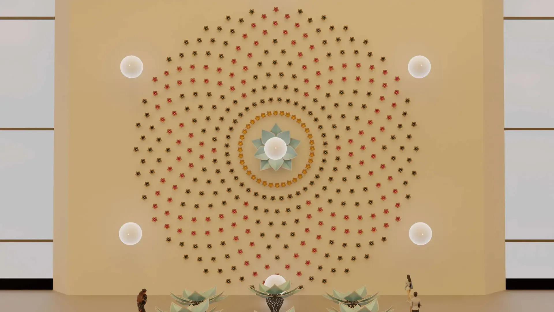 Rendering of a spiral wall of small kinetic flowers with flying orbs in front of it