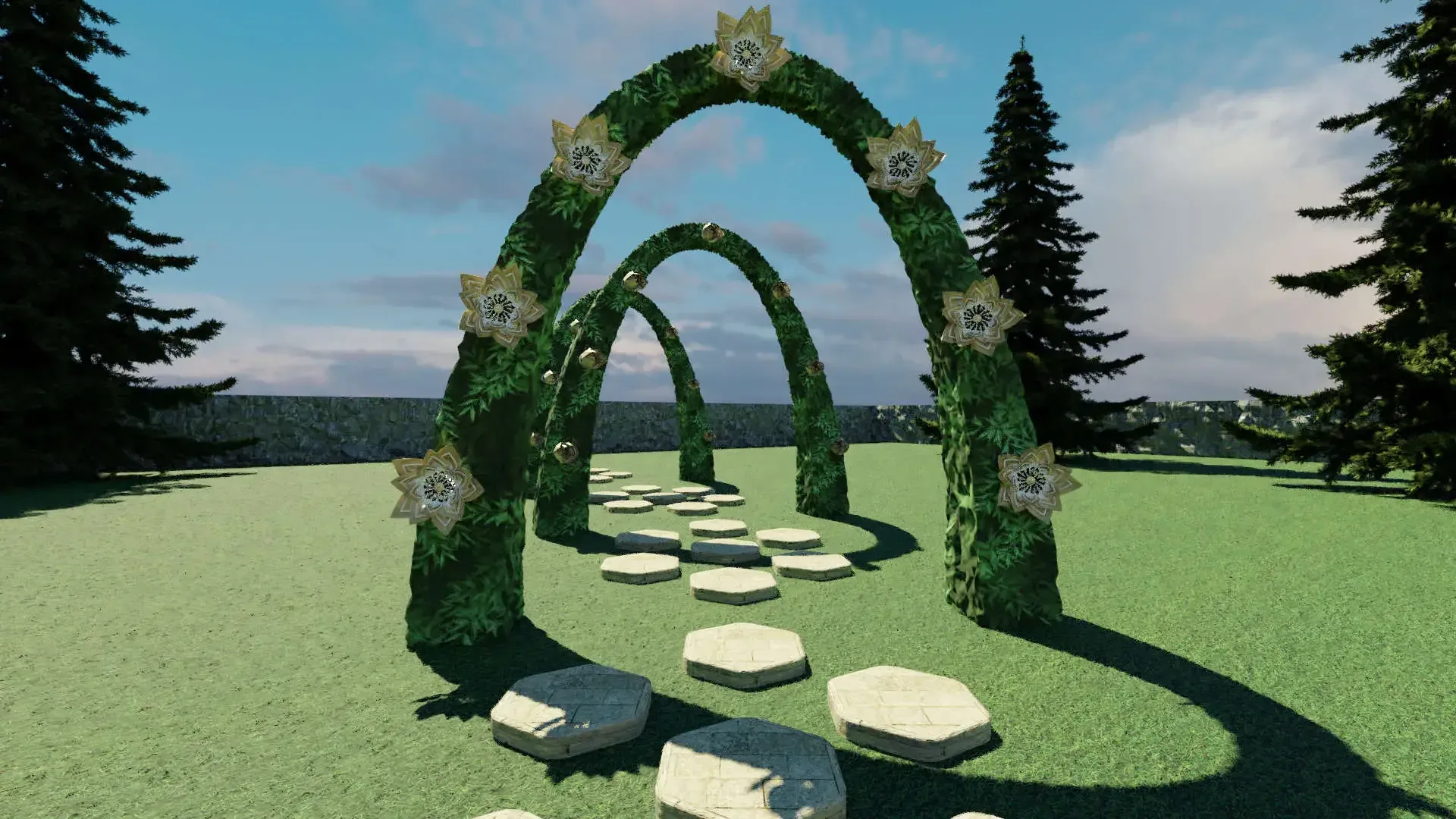 Rendering of arches covered in kinetic AI Blossom flowers in a park
